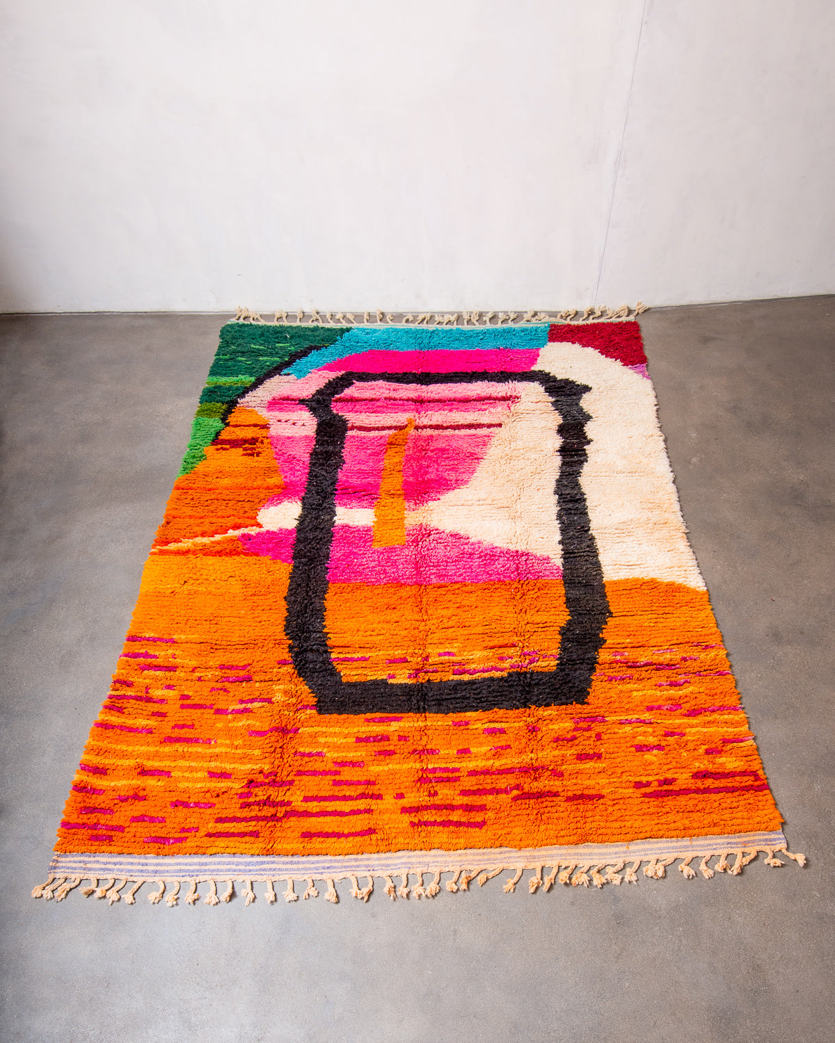 Modern, designer, handcrafted Berber rug from Morocco. Vintage carpet with beautiful colours and patterns and fluffy texture.